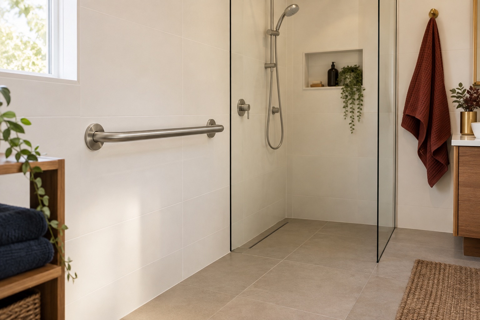 Illustrative bathroom with a wall-mounted grab rail